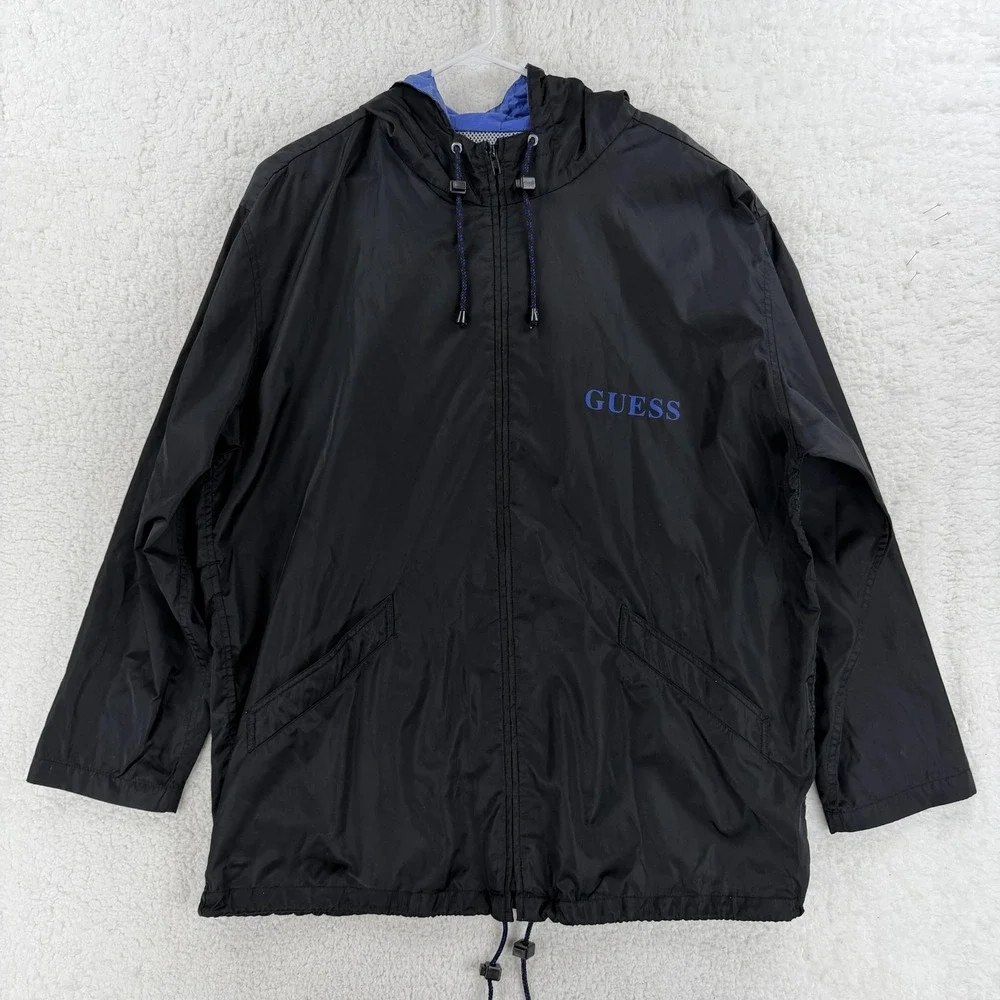 Vintage Guess Classics Jacket Mens Large‎ Black Nylon Hooded Windbreaker USA